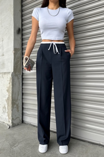 FEMELLE Women's Navy Blue Satin Waist Palazzo Trousers