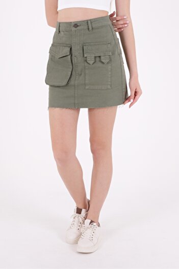 RICHMOST Seamless Short Women's Jeans Skirt with Epaulettes Front Pocket Detail and Regular Waisted Unlined Finish Khaki Denim