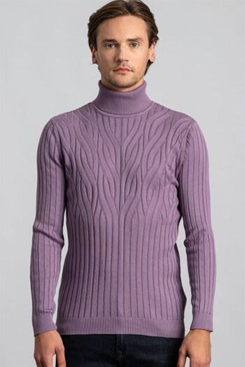 Tudors Men's Slim Fit Slim Fit Full Turtleneck Hair Knit Pattern Lilac Knitwear Sweater