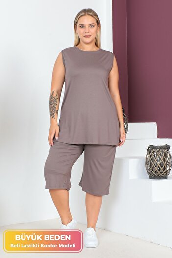 tarzımsüper Plus Size Comfort Model Capri 2-Piece Suit with Elastic Waist and Pocket Capri Shorts Top-Top 2-Piece Set