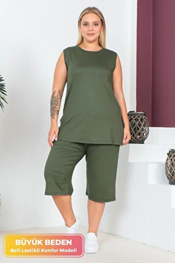 tarzımsüper Plus Size Comfort Model Capri 2-Piece Suit with Elastic Waist and Pocket Capri Shorts Top-Top 2-Piece Set