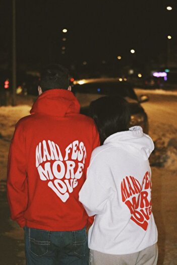 Black Sokak Red White Mani Fest More Love Printed Hooded Couple Combination Oversize Sweatshirt Unisex