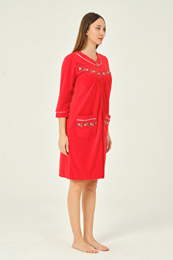 İntensive Women's Zippered Embroidery Detailed Cotton Velvet Dress