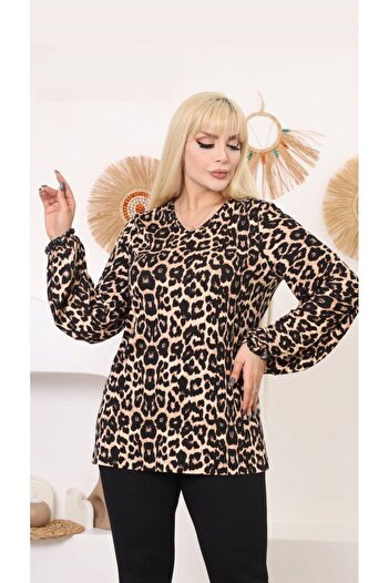 Butik Nilyam Women's Large Size Elastic Balloon Sleeve Lycra Leopard Blouse