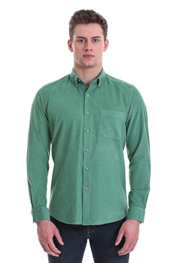 Hatemoğlu Green Slim Fit Plain 100% Cotton Buttoned Collar Long Sleeve Classic Shirt