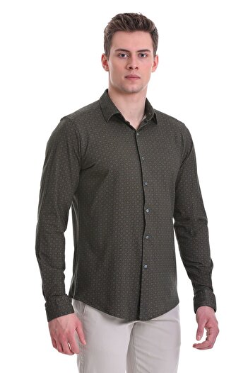 Hatemoğlu Зелена сорочка Slim Fit з принтом, 100% бавовна, вузький комір, довгі рукави, принт, повсякденна сорочка
