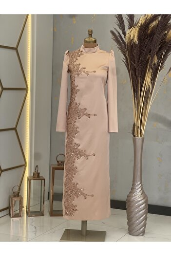Surikka Μπροστινό κέντημα απλικέ Μολύβι Crescent Hijab Βραδινό Φόρεμα Mink