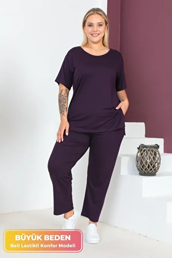 tarzımsüper Plus Size Comfort Μοντέλο σετ 2 τεμαχίων με ελαστικό παντελόνι μέσης T-shirt Σετ διπλό πάνω-κάτω