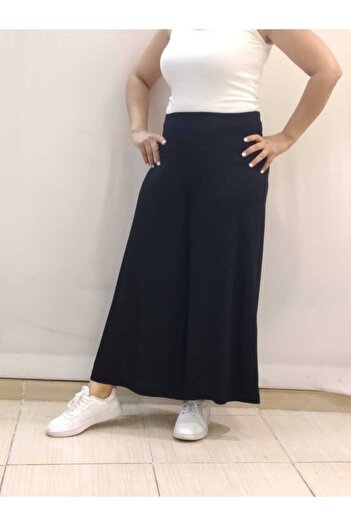 Mertcan Butik Elastic Waist Wide Leg Combed Cotton Viscose Black Trouser Skirt