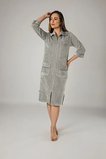 Nuşa Women's Gray Collar Embroidery Zippered Bamboo Cotton Niki Velvet Dressing Gown