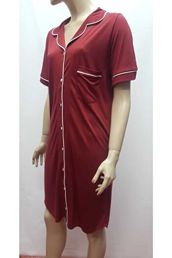 Nena Style Front Buttoned Collar Claret Red Women's Nightgown