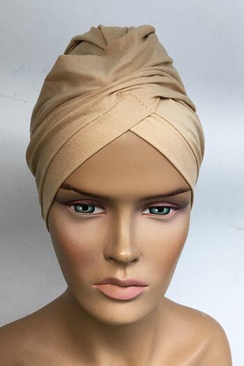 Vera Aura Ready Turban Bonnet Χτενισμένο βαμβακερό μπεζ καπό σταυρωτό γυναικείο μανίκι με καπό