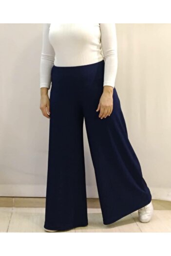 Mertcan Butik Navy Blue Combed Cotton Viscose Wide Leg Trouser Skirt with Elastic Waist