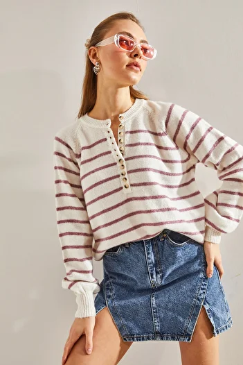 Bianco Lucci Women's Buttoned Collar Turtleneck Striped Knitwear Sweater