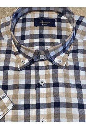 Daniel Bessi Short Sleeve Regular Fit Beige Checked Navy Blue Classic Men's Shirt with Pockets