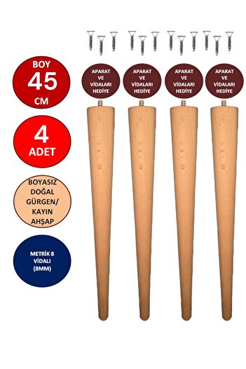 TNT 4 Pcs 45 cm Natural Wooden Leg Conical Table-Chair-Stool- Coffee Table Leg Diameter: 4,6cm 3301000000668