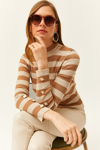 Olalook Women's Camel Striped Sleeves Buttoned Lycra Knitwear Sweater KZK-19000731