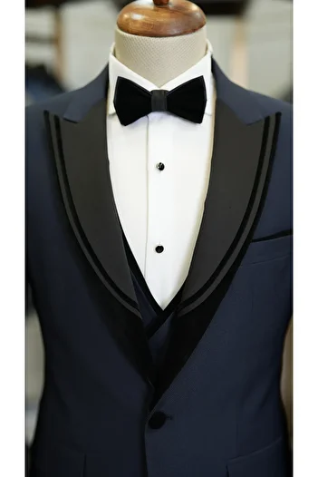 LONATOLİA Men's Tuxedo Groom Suit Swallow Collar Italian Style Slim Fit Jacket Vest Pants Bow Tie-Navy Blue