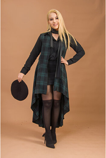 Aişe tesettür Women's Stamp Black Emerald Plaid Long Vest