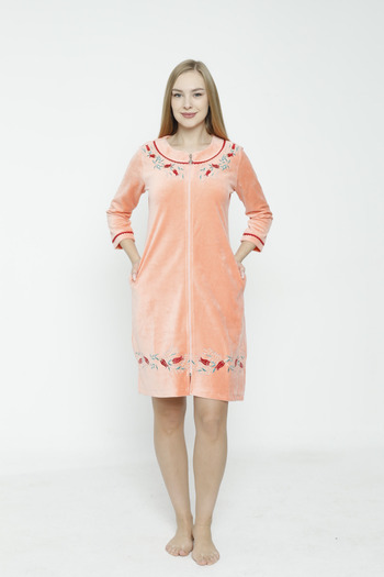 İntensive women's embroidery detailed zipper pocket cotton velvet dress