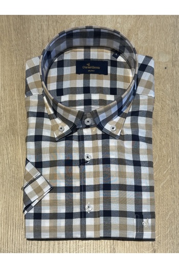 Daniel Bessi Short Sleeve Regular Fit Beige Checked Navy Blue Classic Men's Shirt with Pockets