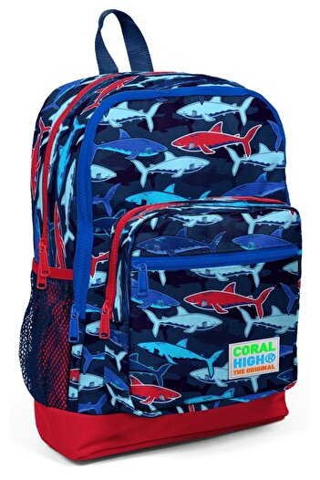 Coral High Primary School Backpack and Pen Holder Set - Blue-red Shark Printed