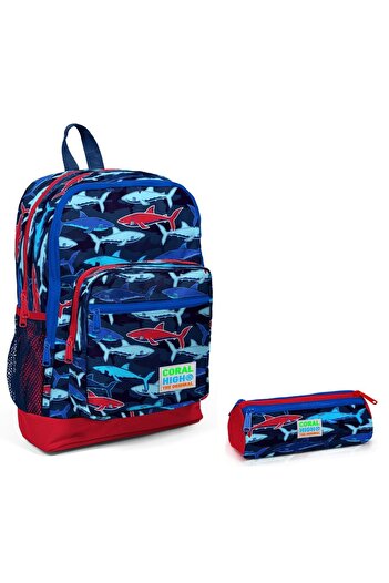 Coral High Primary School Backpack and Pen Holder Set - Blue-red Shark Printed
