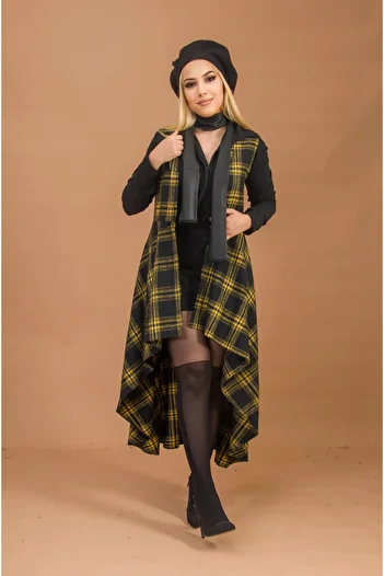Aişe tesettür Women's Mustard Plaid Stamped Long Vest