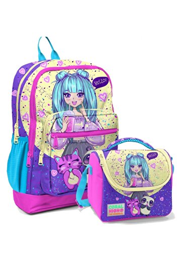 Coral High Purple Pink Anime School Backpack and Lunch Box Set - Girl - Four Compartments