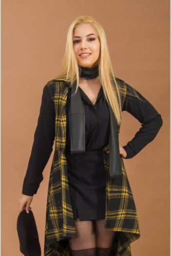 Aişe tesettür Women's Mustard Plaid Stamped Long Vest