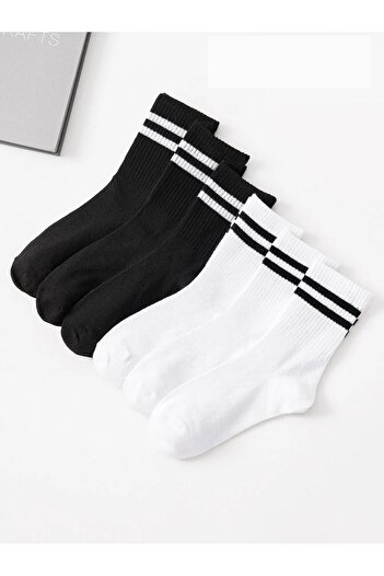 çorapmanya 6 Pairs Women's Black and White Striped College Tennis Socks