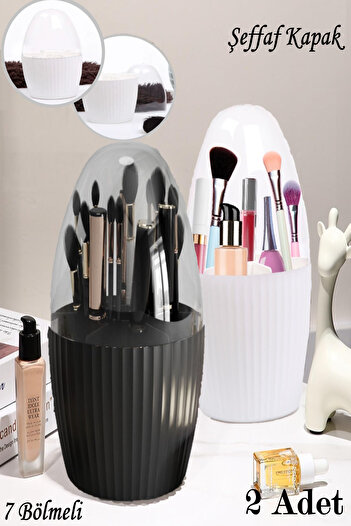 Bayev 2 bucăți 7 compartimente negru + alb perie de machiaj și organizator pentru cosmetice cu capac transparent