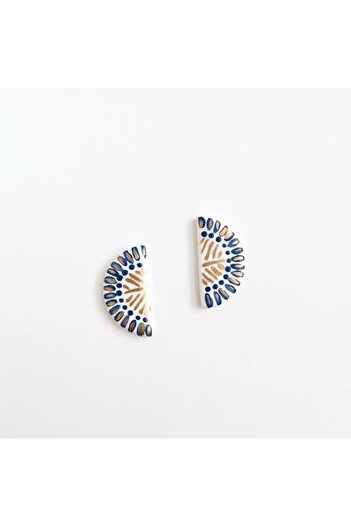 TREND Blue Gold Patterned Scandinavian Style White Alaçatı Earrings