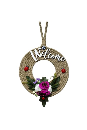 Mixperi Welcome Written Door Ornament Fuchsia Cream Floral Ladybug 21 Cm Door Ornament