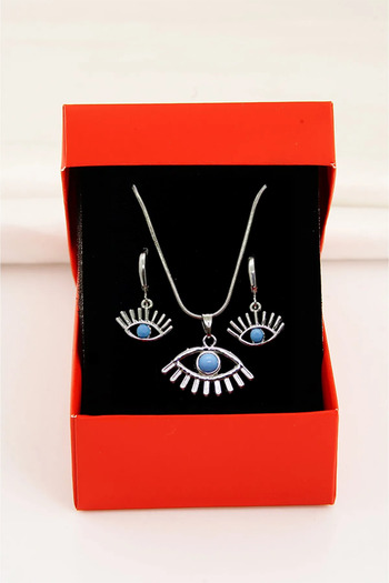 EUROMODA Eye Designed Silver Colored Necklace Earring Set