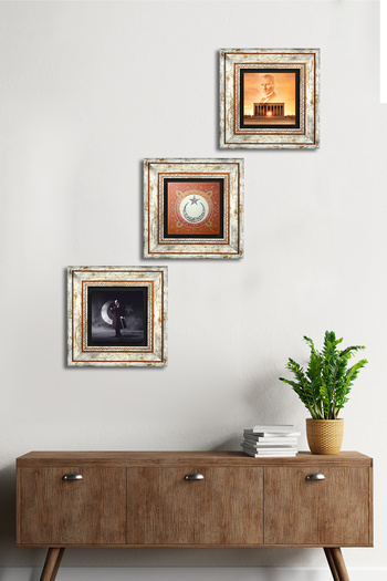 Pinecone Anıtkabir, Atatürk, Moon and Star Stone Wall Painting Framed Wall Decor 3 Piece Table Set Wall Art