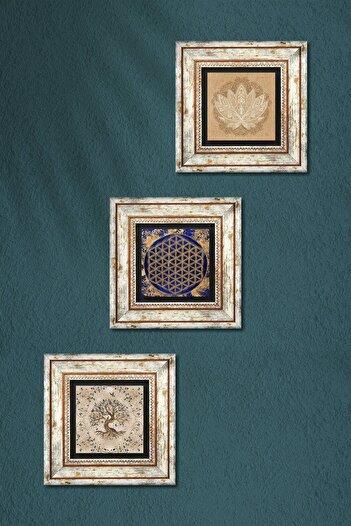 Pinecone Lotus Çiçeği, Yaşam Çiçeği, Hayat Ağacı Taş Duvar Tablosu Çerçeveli Duvar Dekoru 3'lü Set Wall Art
