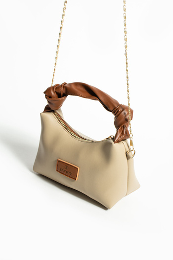ESTUTE Women's Soft Leather Knot Detailed Handled Chain Strap Mini Hand Shoulder Baguette Bag