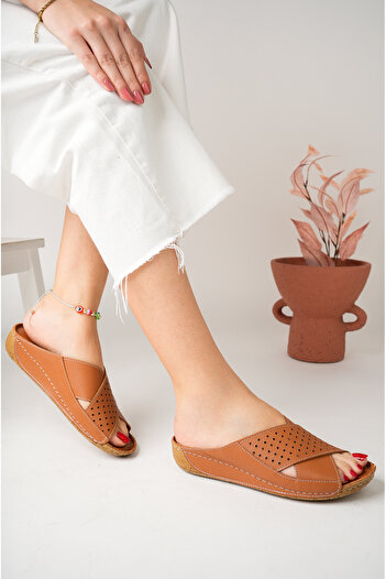 Akgün Terlik Women's Genuine Leather Tan Orthopedic Sole Slippers