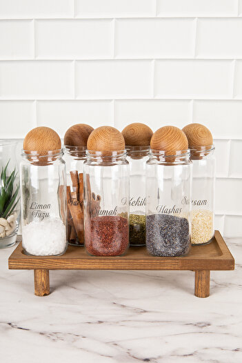 DNS HOME 6-Piece Glass Spice Rack with Wooden Ball Lid and Labeled Jar Set with Wooden Stand Storage Container 500 ml