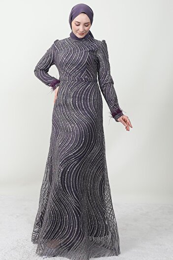 Giza Giyim Self Belted Sequin Evening Dress Dark Lilac