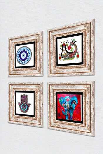 Pinecone Evil Eye, Elephant, Fatma Mother Hand (Hamsa), Shahmeran Stone Wall Painting Framed Wall Decor Set of 4 Paintings