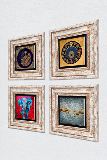 Pinecone Michelangelo Creation of Adam, Elephant, Peacock, Evil Eye Stone Wall Painting Framed Wall Decor