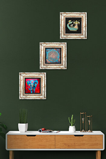 Pinecone Elephant, Flower of Life, Shahmeran Stone Wall Painting Framed Wall Decor 3 Piece Painting Set Wall Art