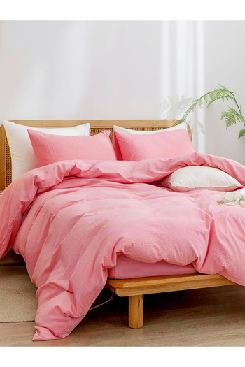 CAQQA Pure Cotton Series Pink Double Sheet Elastic Cotton Duvet Cover Set