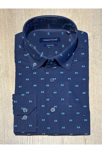 VERDTONE Довгорукавна сорочка Slim Fit з бавовняної тканини з мікровізерунком, темно-синя, чоловіча, повсякденна