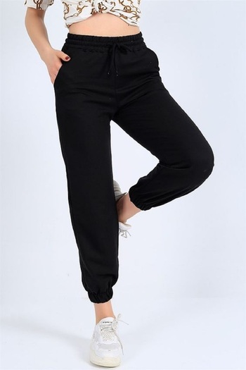 makiteks Women's Sweatpants with Elastic Waist and String - Ribbed on Legs - 2 Pockets - Black
