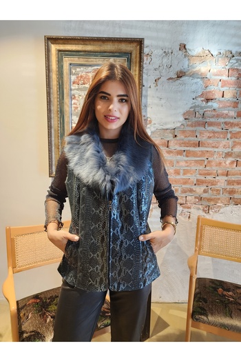 TMD AKSESUAR Tuscany Blue Black Colored Vest with Lamb Fur Collar and Real Cowhide Fur Inside