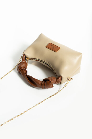 ESTUTE Women's Soft Leather Knot Detailed Handled Chain Strap Mini Hand Shoulder Baguette Bag