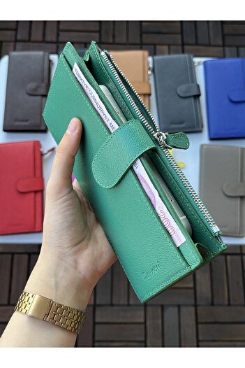DERKON Noby Model Genuine Leather Green Wallet with Phone Compartment